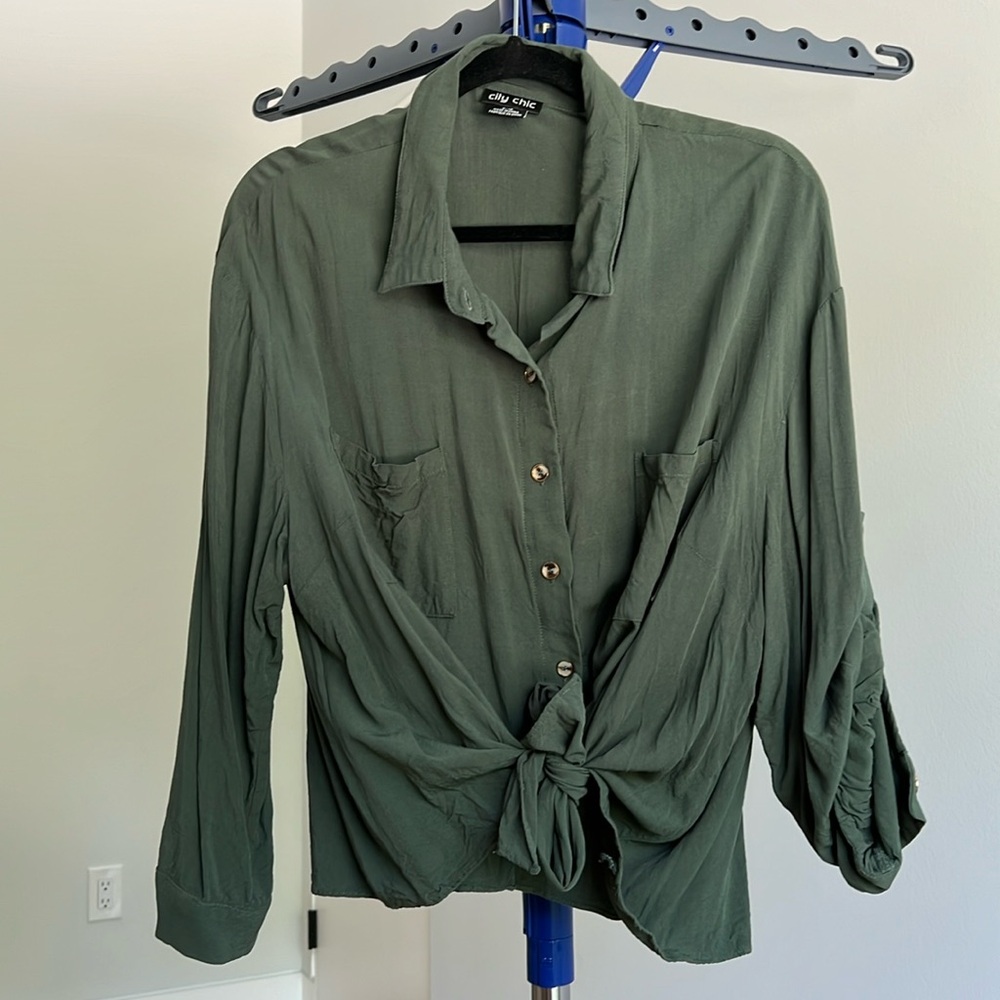 City Chic Green Button Down Crop Blouse